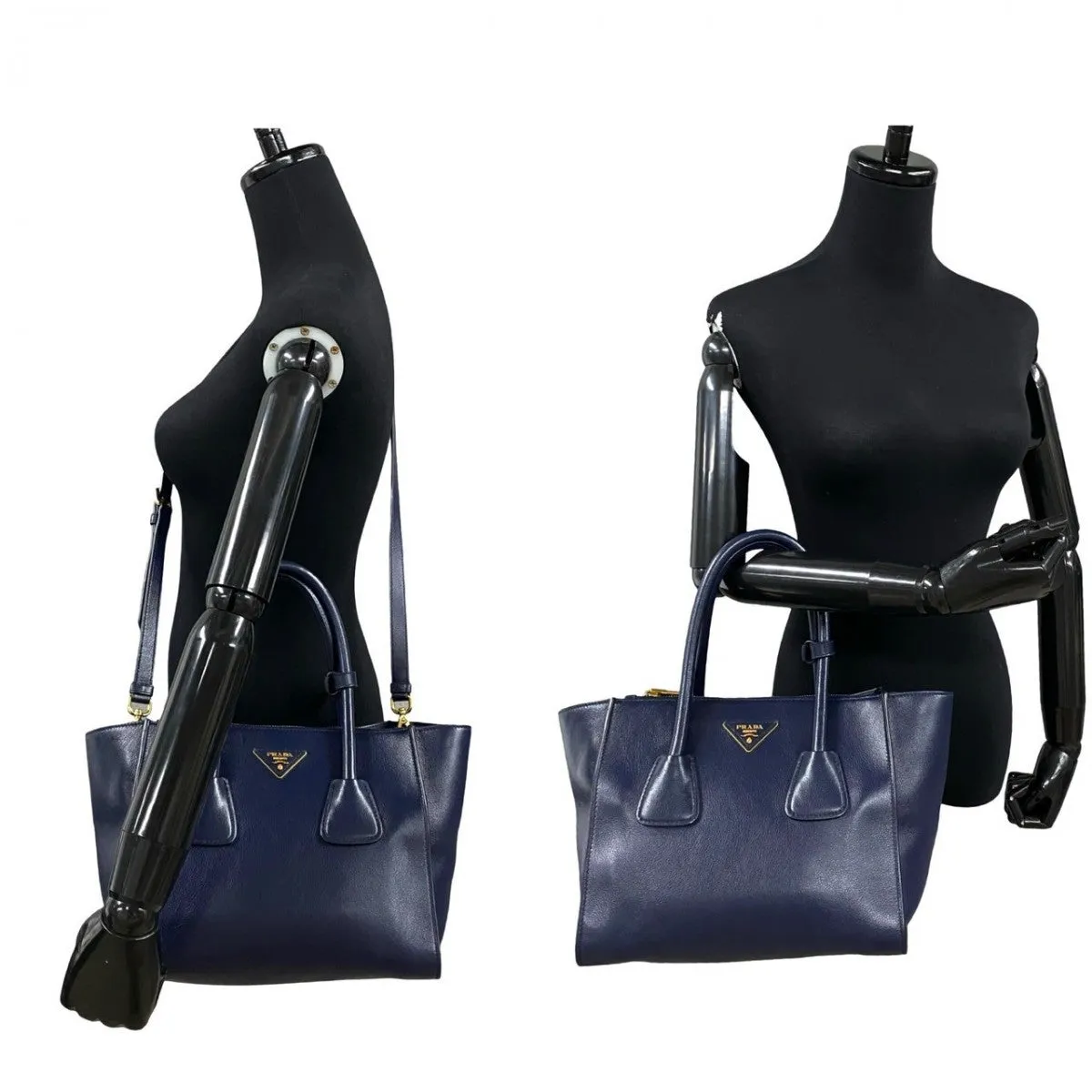 PRADA Shoulder Bag leather Navy Triangle Logo Metal Women Used