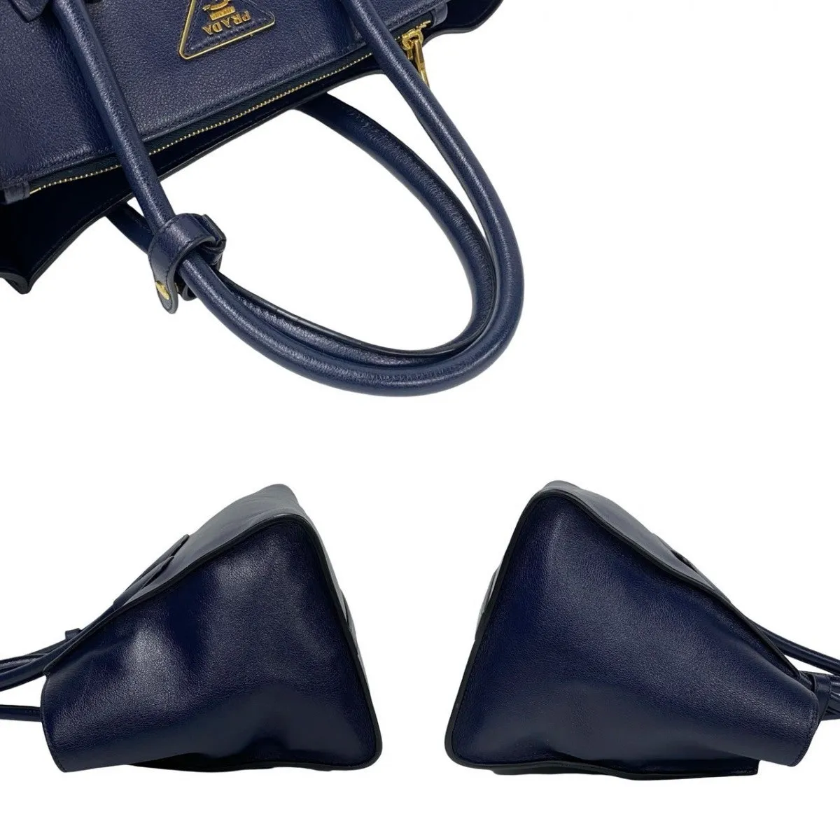 PRADA Shoulder Bag leather Navy Triangle Logo Metal Women Used