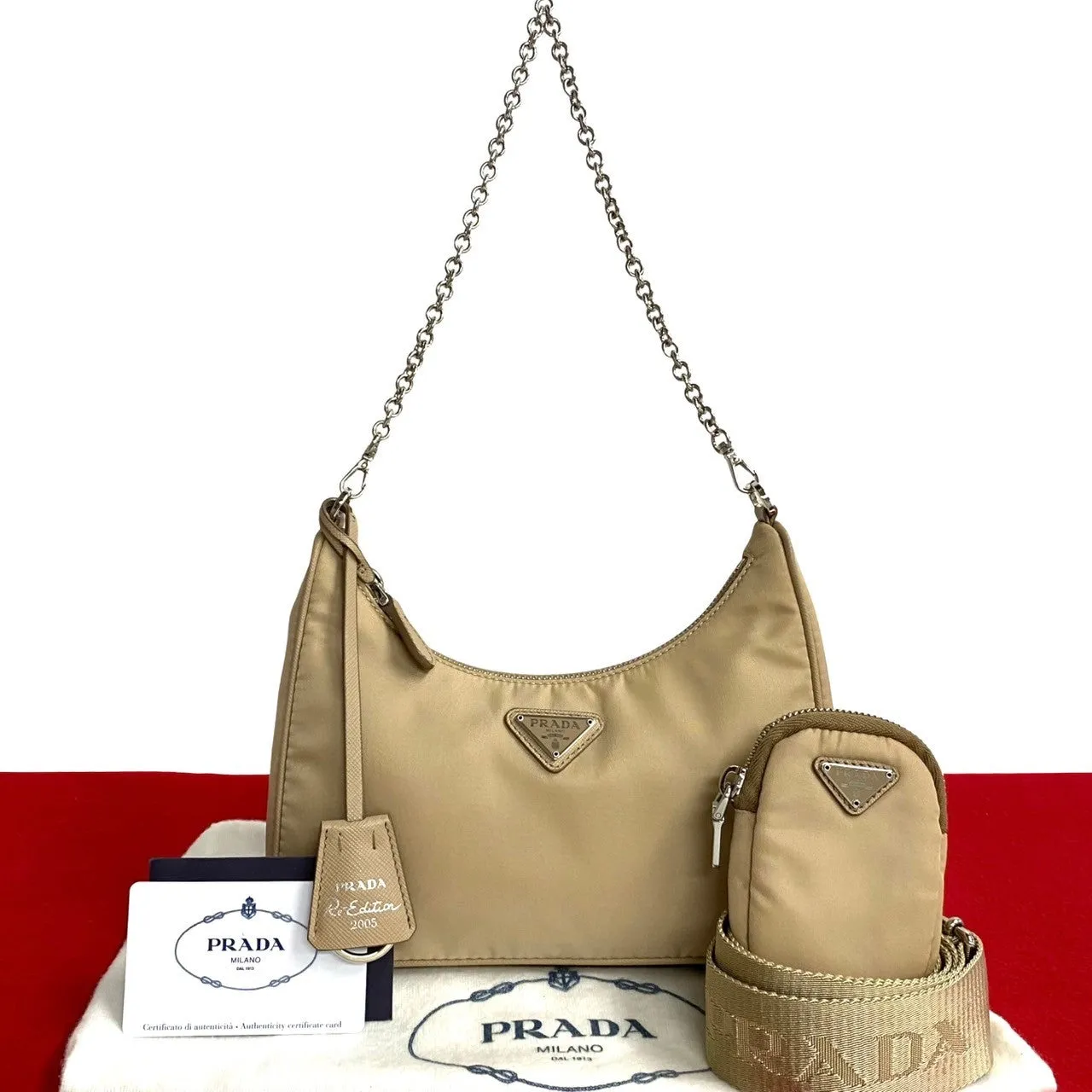 PRADA Shoulder Bag Nylon beige Triangle Logo Metal Re:Edition Women Used