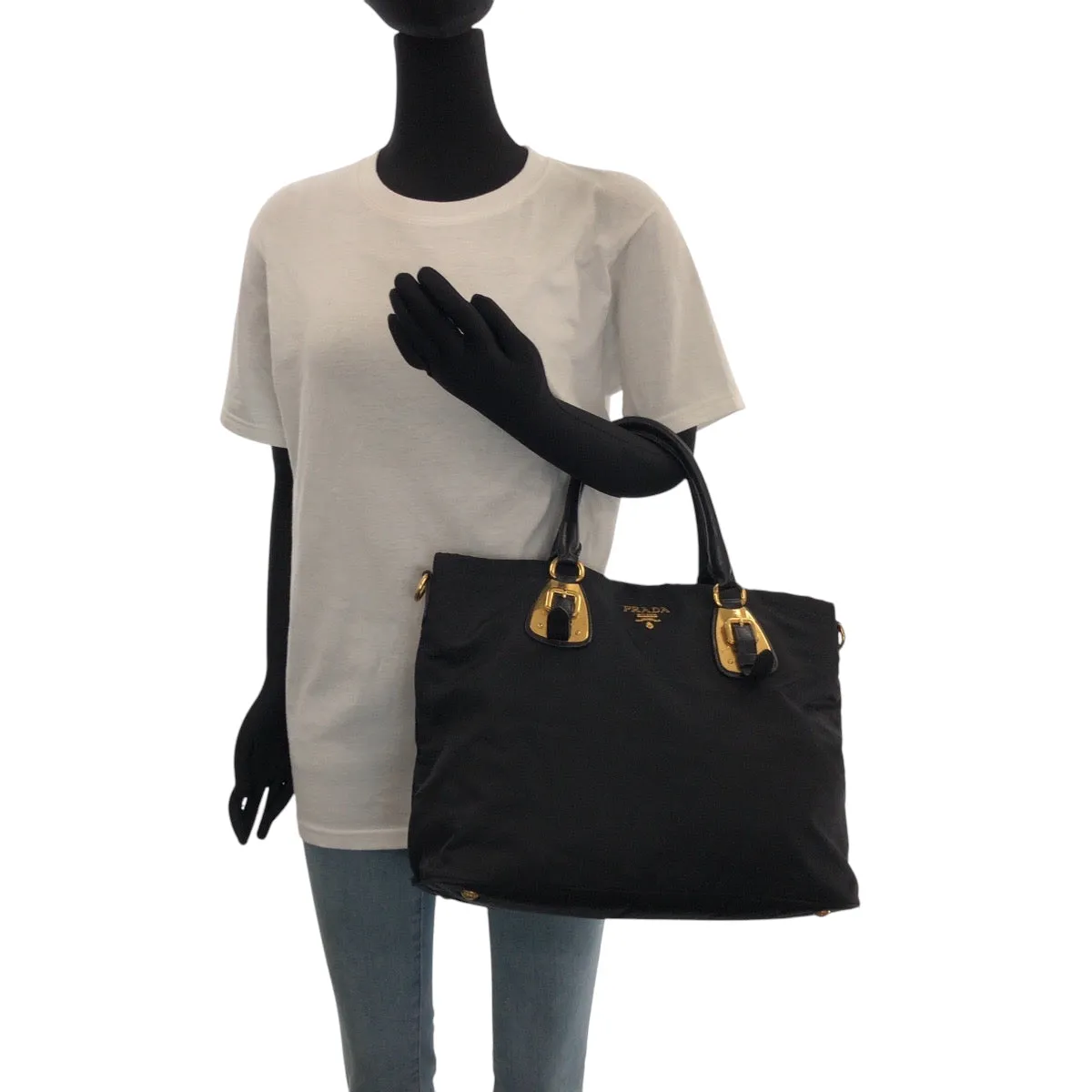 PRADA Tote Bag BN1902 Nylon Black Gold Metal Tote Bag Shoulder Bag Test logo Women Used