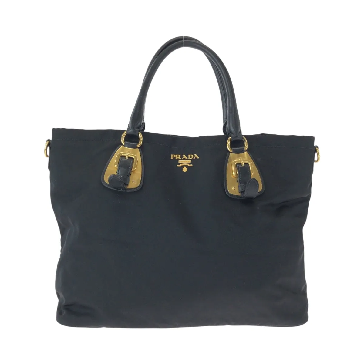 PRADA Tote Bag BN1902 Nylon Black Gold Metal Tote Bag Shoulder Bag Test logo Women Used