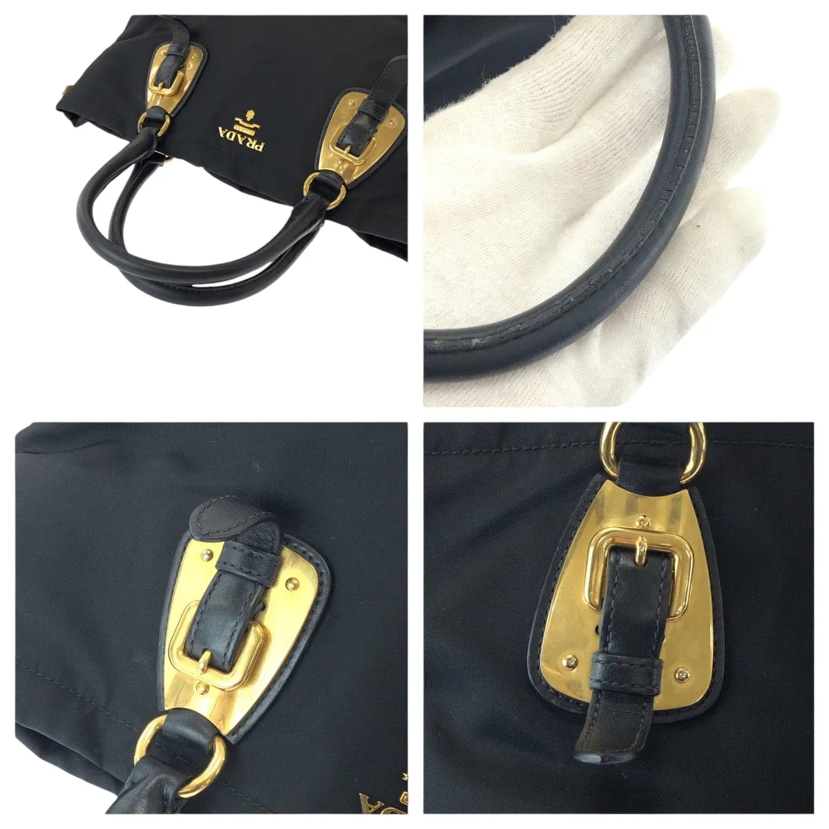 PRADA Tote Bag BN1902 Nylon Black Gold Metal Tote Bag Shoulder Bag Test logo Women Used
