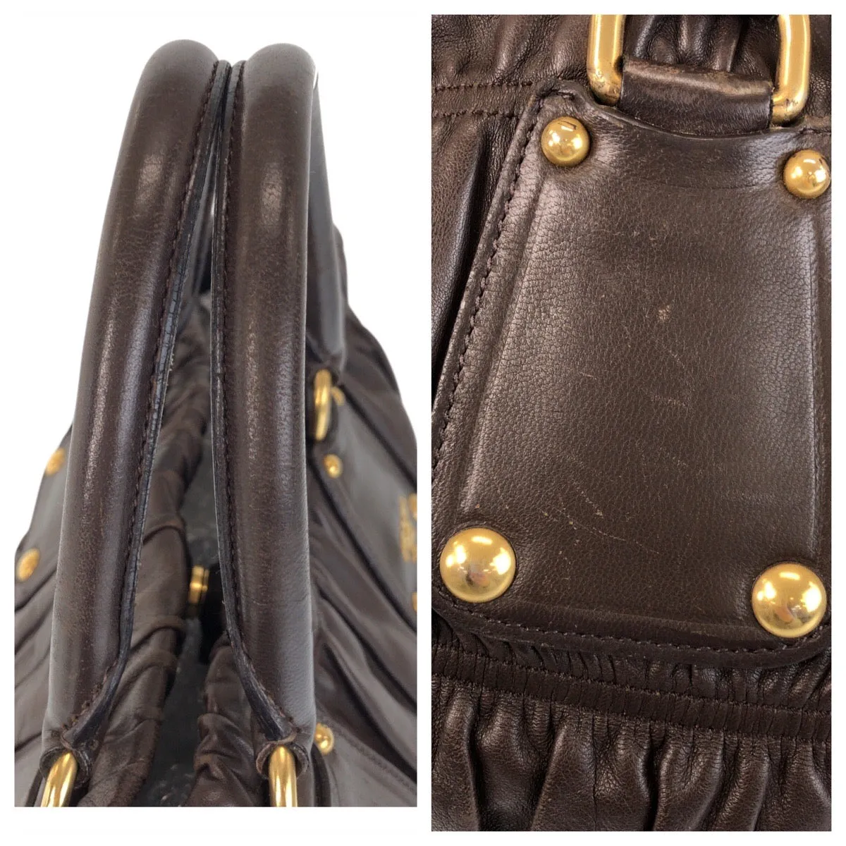 PRADA Tote Bag leather Brown Gold Metal Tote Bag Shoulder Bag 2way Women Used