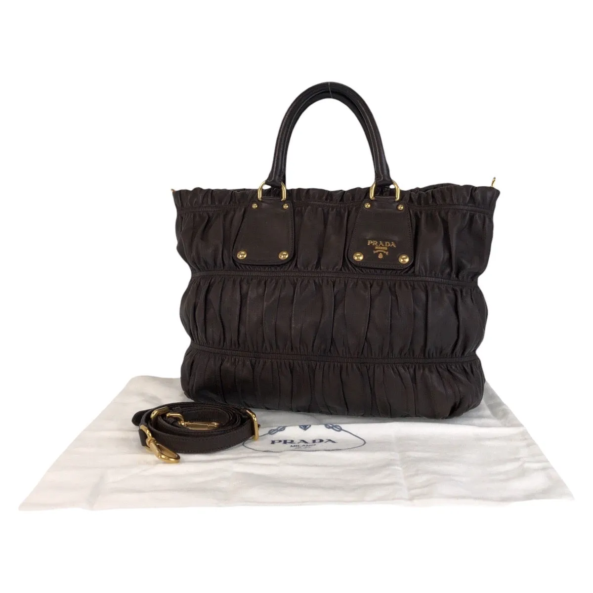 PRADA Tote Bag leather Brown Gold Metal Tote Bag Shoulder Bag 2way Women Used