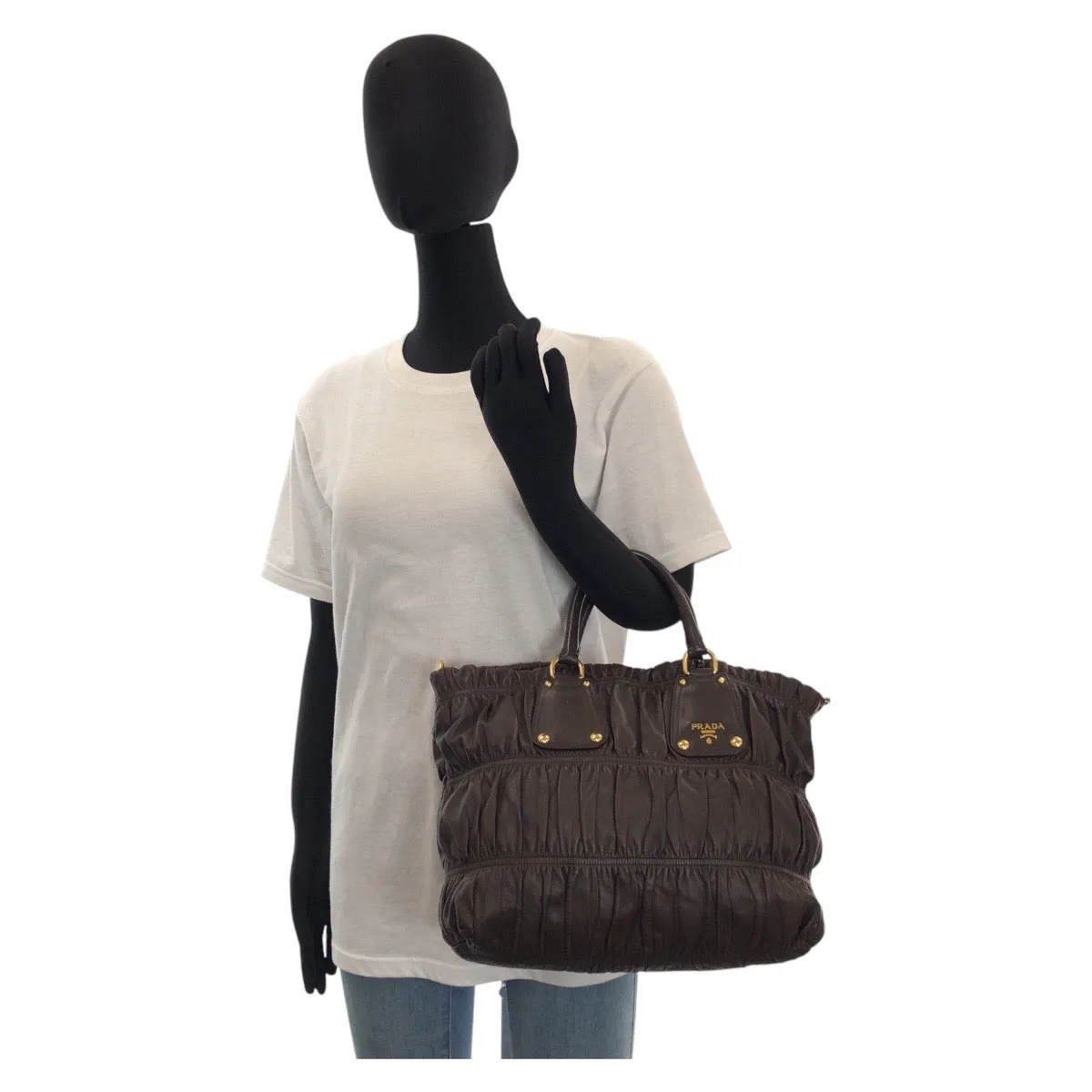 PRADA Tote Bag leather Brown Gold Metal Tote Bag Shoulder Bag 2way Women Used