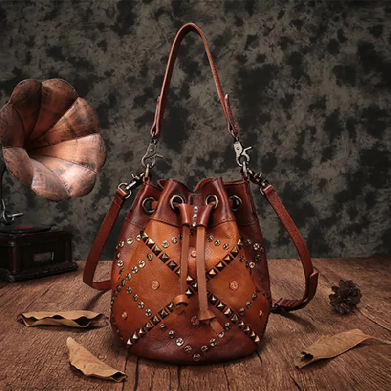 Purple Leather Womens Bucket Handbag Shoulder Bag Studded Western Leather Shoulder Barrel Bag Purse