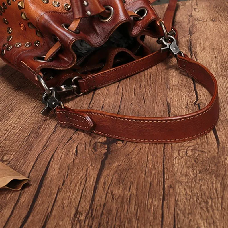Purple Leather Womens Bucket Handbag Shoulder Bag Studded Western Leather Shoulder Barrel Bag Purse