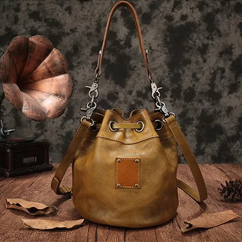 Purple Leather Womens Bucket Handbag Shoulder Bag Studded Western Leather Shoulder Barrel Bag Purse
