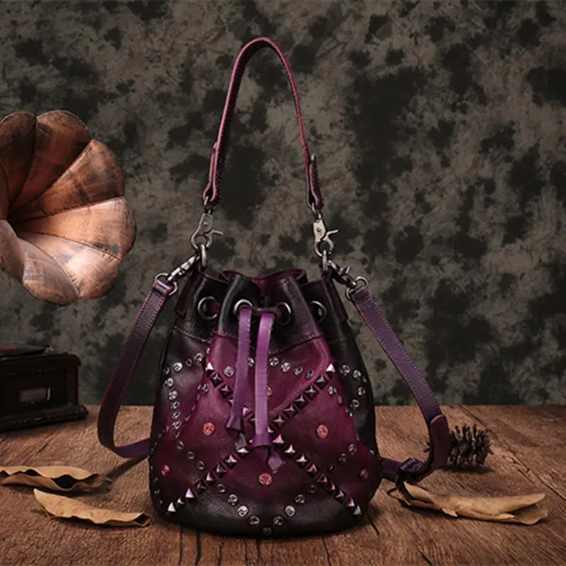 Purple Leather Womens Bucket Handbag Shoulder Bag Studded Western Leather Shoulder Barrel Bag Purse