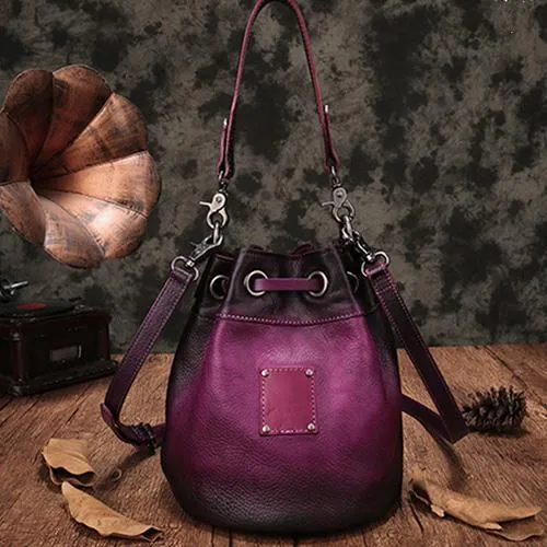 Purple Leather Womens Bucket Handbag Shoulder Bag Studded Western Leather Shoulder Barrel Bag Purse