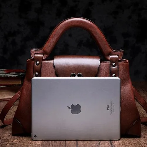 Red Vintage Leather Ladies Satchel Handbag Brown Shoulder Bag Purse for Women