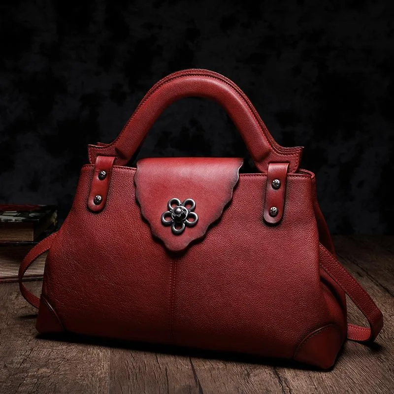 Red Vintage Leather Ladies Satchel Handbag Brown Shoulder Bag Purse for Women