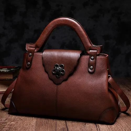 Red Vintage Leather Ladies Satchel Handbag Brown Shoulder Bag Purse for Women