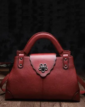 Red Vintage Leather Ladies Satchel Handbag Brown Shoulder Bag Purse for Women