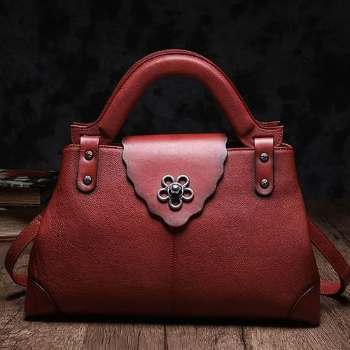 Red Vintage Leather Ladies Satchel Handbag Brown Shoulder Bag Purse for Women