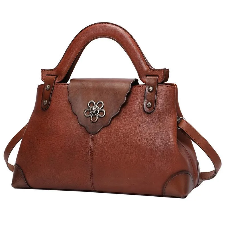 Red Vintage Leather Ladies Satchel Handbag Brown Shoulder Bag Purse for Women
