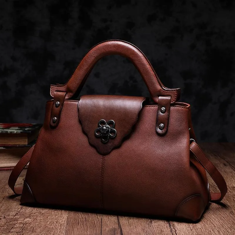 Red Vintage Leather Ladies Satchel Handbag Brown Shoulder Bag Purse for Women