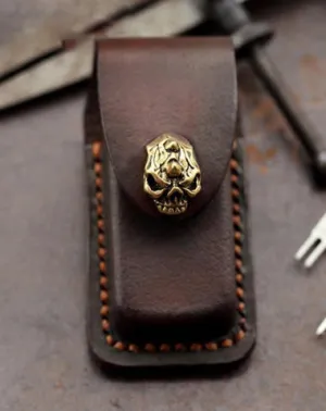 Skull Handmade Leather Mens Dunhill Lighter Case With Belt Loop Cool Dunhill Lighter Holders For Men
