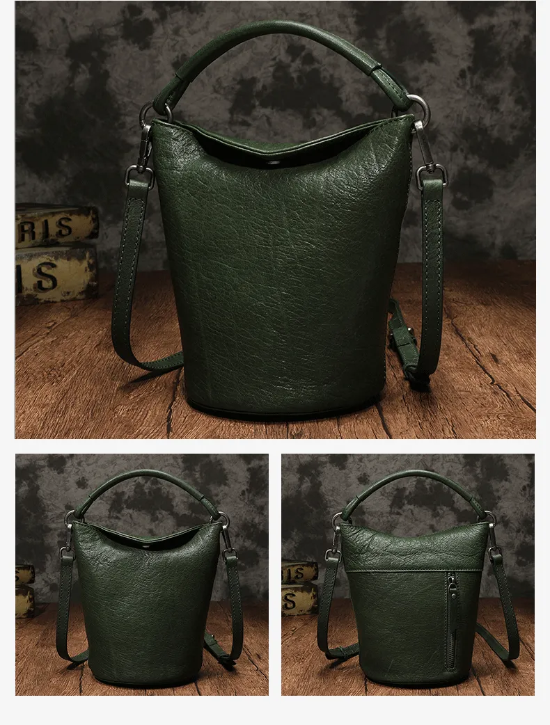 Small Womens Green Leather Bucket Handbag Vintage Brown Barrel Shoulder Bag Purses for Ladies