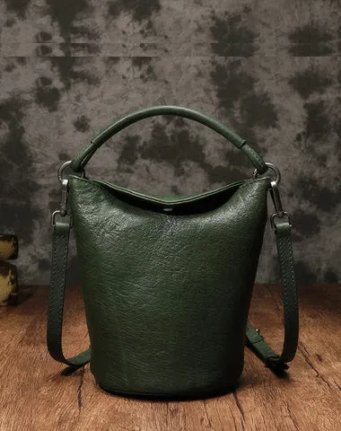 Small Womens Green Leather Bucket Handbag Vintage Brown Barrel Shoulder Bag Purses for Ladies