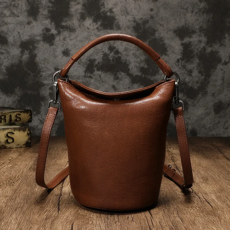 Small Womens Green Leather Bucket Handbag Vintage Brown Barrel Shoulder Bag Purses for Ladies
