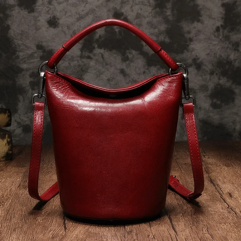 Small Womens Green Leather Bucket Handbag Vintage Brown Barrel Shoulder Bag Purses for Ladies