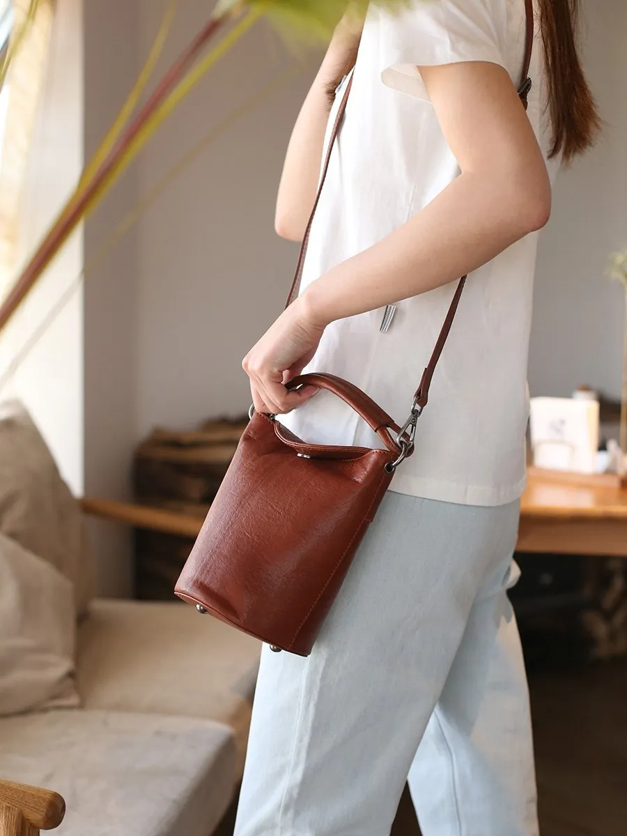 Small Womens Green Leather Bucket Handbag Vintage Brown Barrel Shoulder Bag Purses for Ladies