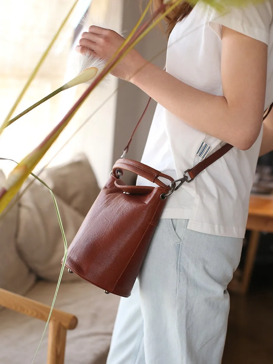 Small Womens Green Leather Bucket Handbag Vintage Brown Barrel Shoulder Bag Purses for Ladies