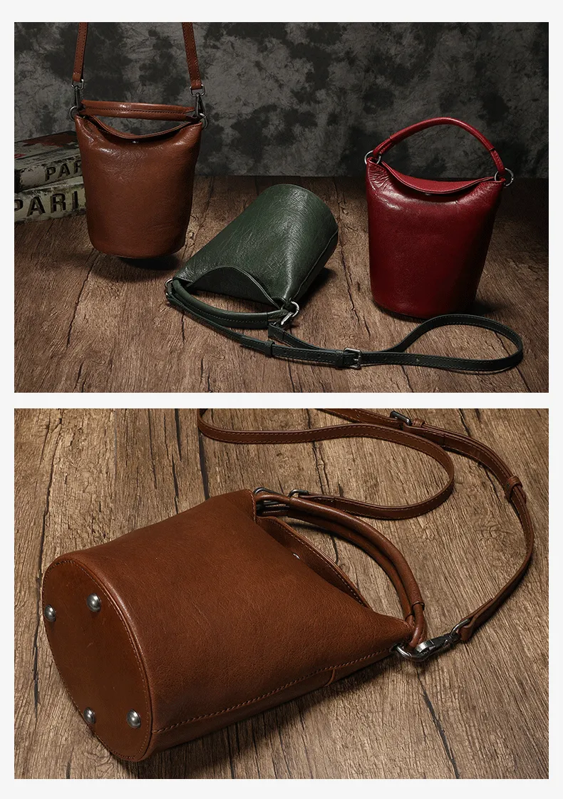 Small Womens Green Leather Bucket Handbag Vintage Brown Barrel Shoulder Bag Purses for Ladies