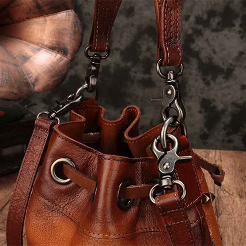 Tan Leather Womens Bucket Handbag Shoulder Bag Studded Western Brown Leather Shoulder Barrel Bag Purse