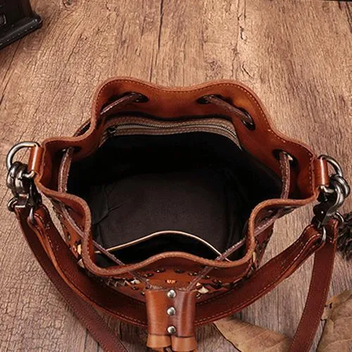 Tan Leather Womens Bucket Handbag Shoulder Bag Studded Western Brown Leather Shoulder Barrel Bag Purse