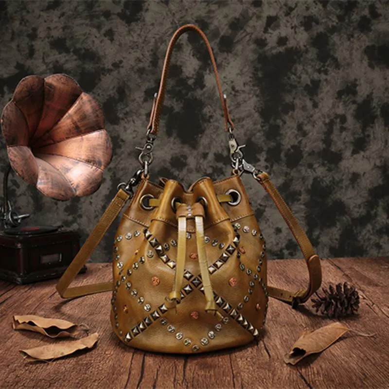 Tan Leather Womens Bucket Handbag Shoulder Bag Studded Western Brown Leather Shoulder Barrel Bag Purse