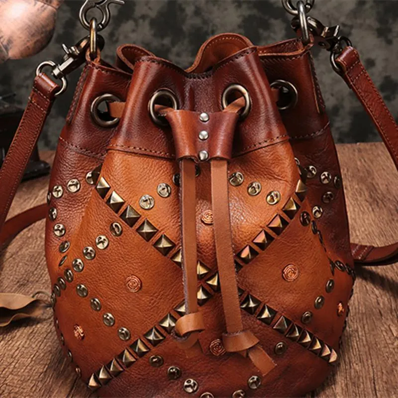 Tan Leather Womens Bucket Handbag Shoulder Bag Studded Western Brown Leather Shoulder Barrel Bag Purse