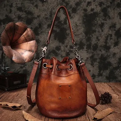 Tan Leather Womens Bucket Handbag Shoulder Bag Studded Western Brown Leather Shoulder Barrel Bag Purse