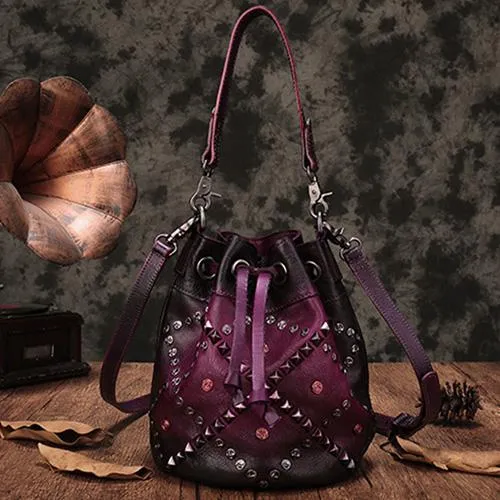 Tan Leather Womens Bucket Handbag Shoulder Bag Studded Western Brown Leather Shoulder Barrel Bag Purse