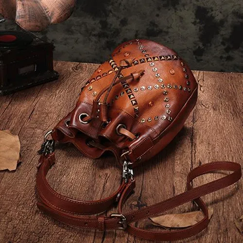 Tan Leather Womens Bucket Handbag Shoulder Bag Studded Western Brown Leather Shoulder Barrel Bag Purse