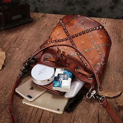 Tan Leather Womens Bucket Handbag Shoulder Bag Studded Western Brown Leather Shoulder Barrel Bag Purse