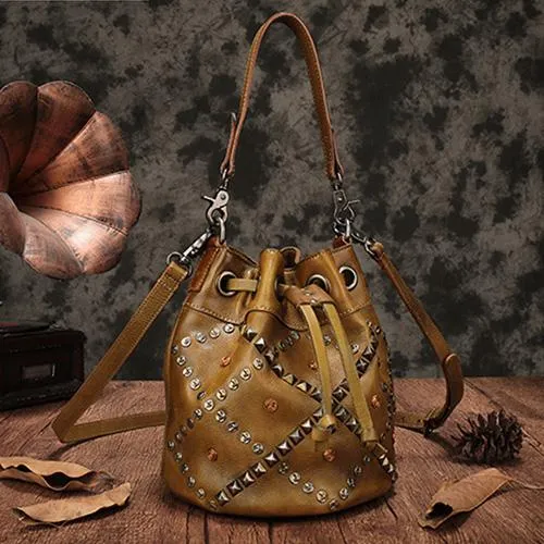 Tan Leather Womens Bucket Handbag Shoulder Bag Studded Western Brown Leather Shoulder Barrel Bag Purse