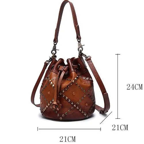 Tan Leather Womens Bucket Handbag Shoulder Bag Studded Western Brown Leather Shoulder Barrel Bag Purse