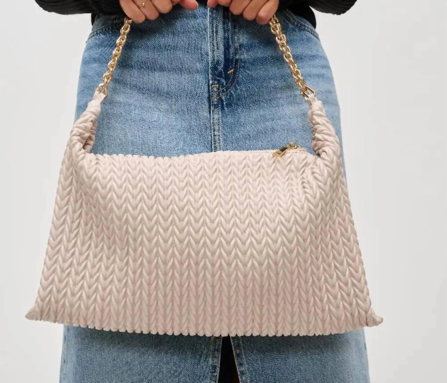 Vegan Leather Woven Shoulder Bag In Oatmilk