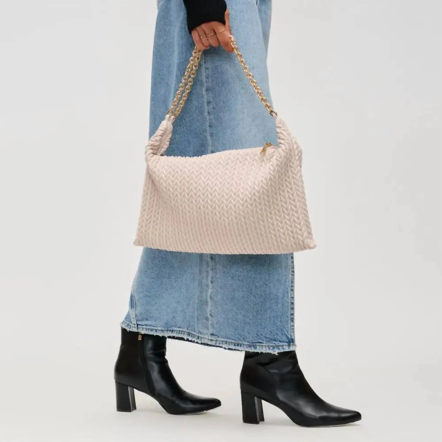Vegan Leather Woven Shoulder Bag In Oatmilk