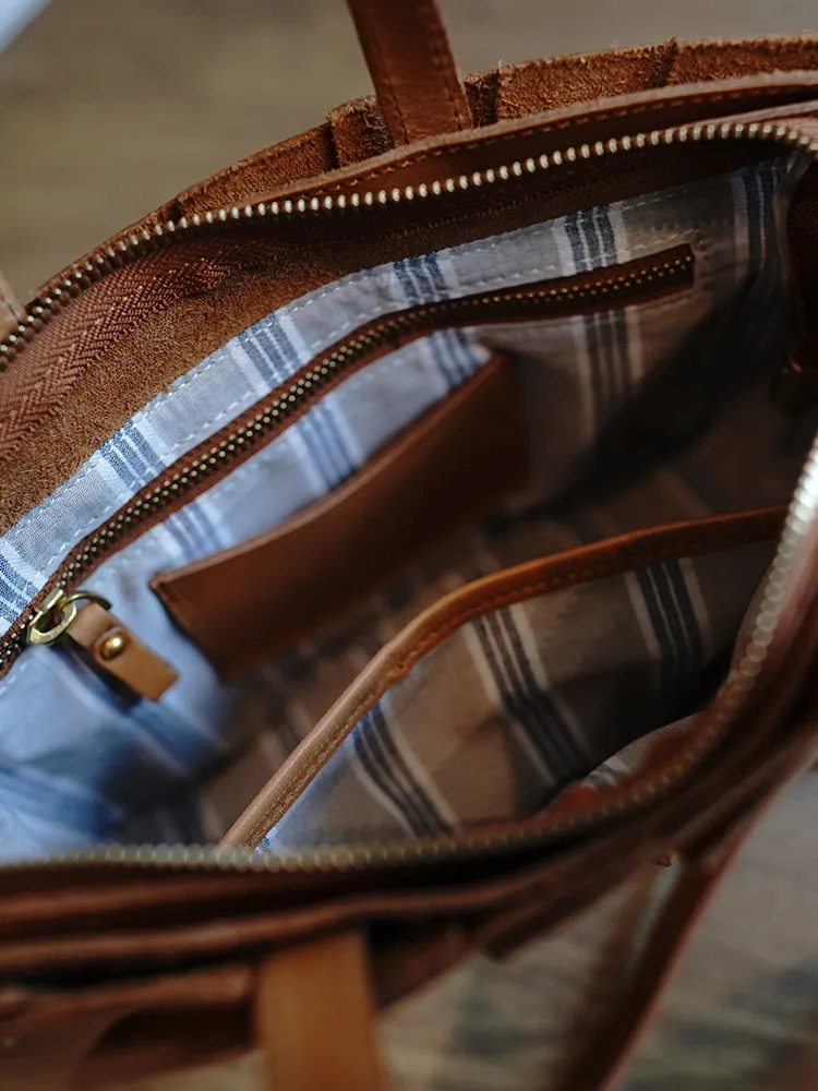 Vintage Brown Leather Splicing Handbag Tote Women Handmade Tote Shoulder Bag for Women