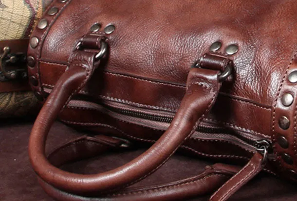 Vintage Leather Boston Handbag Rivet Shoulder Bag Purses For Women