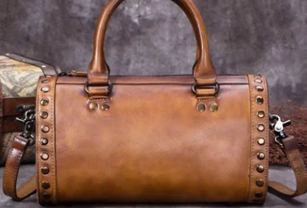 Vintage Leather Boston Handbag Rivet Shoulder Bag Purses For Women