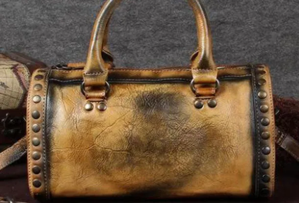 Vintage Leather Boston Handbag Rivet Shoulder Bag Purses For Women