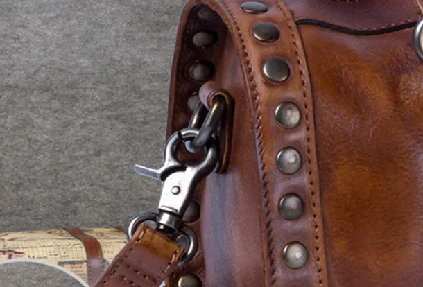 Vintage Leather Boston Handbag Rivet Shoulder Bag Purses For Women