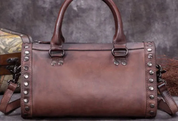 Vintage Leather Boston Handbag Rivet Shoulder Bag Purses For Women