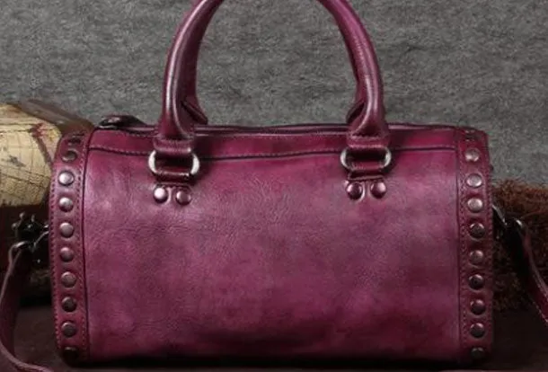 Vintage Leather Boston Handbag Rivet Shoulder Bag Purses For Women