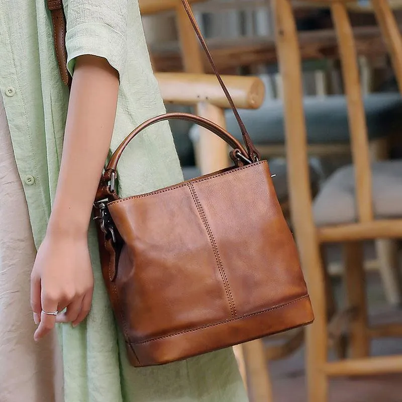 Vintage Women Blue Bucket Handbag Leather Brown Shoulder Barrel Bag Bucket Bag for Ladies