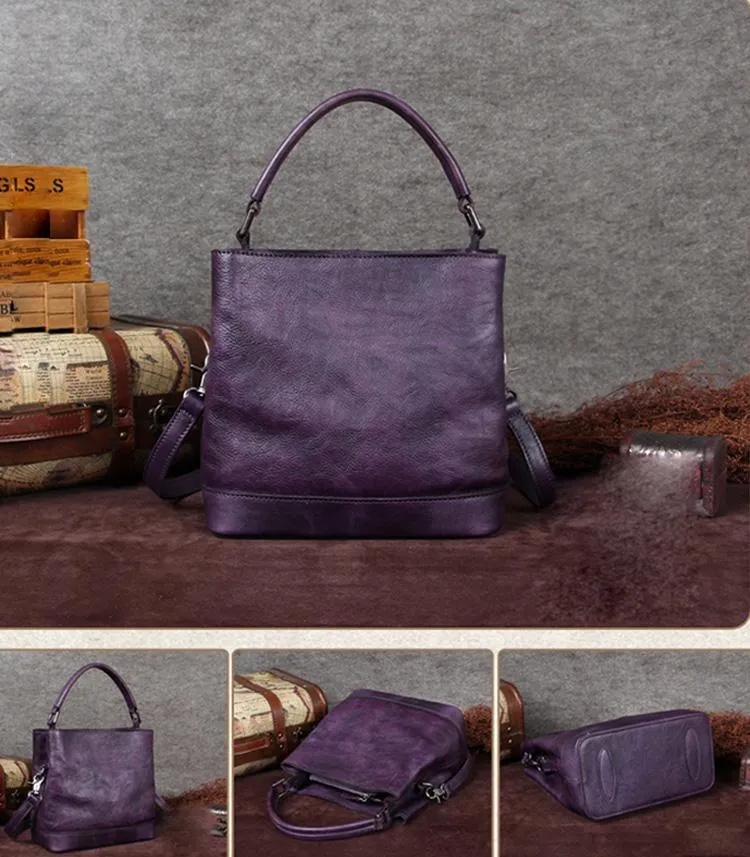 Vintage Women Blue Bucket Handbag Leather Brown Shoulder Barrel Bag Bucket Bag for Ladies